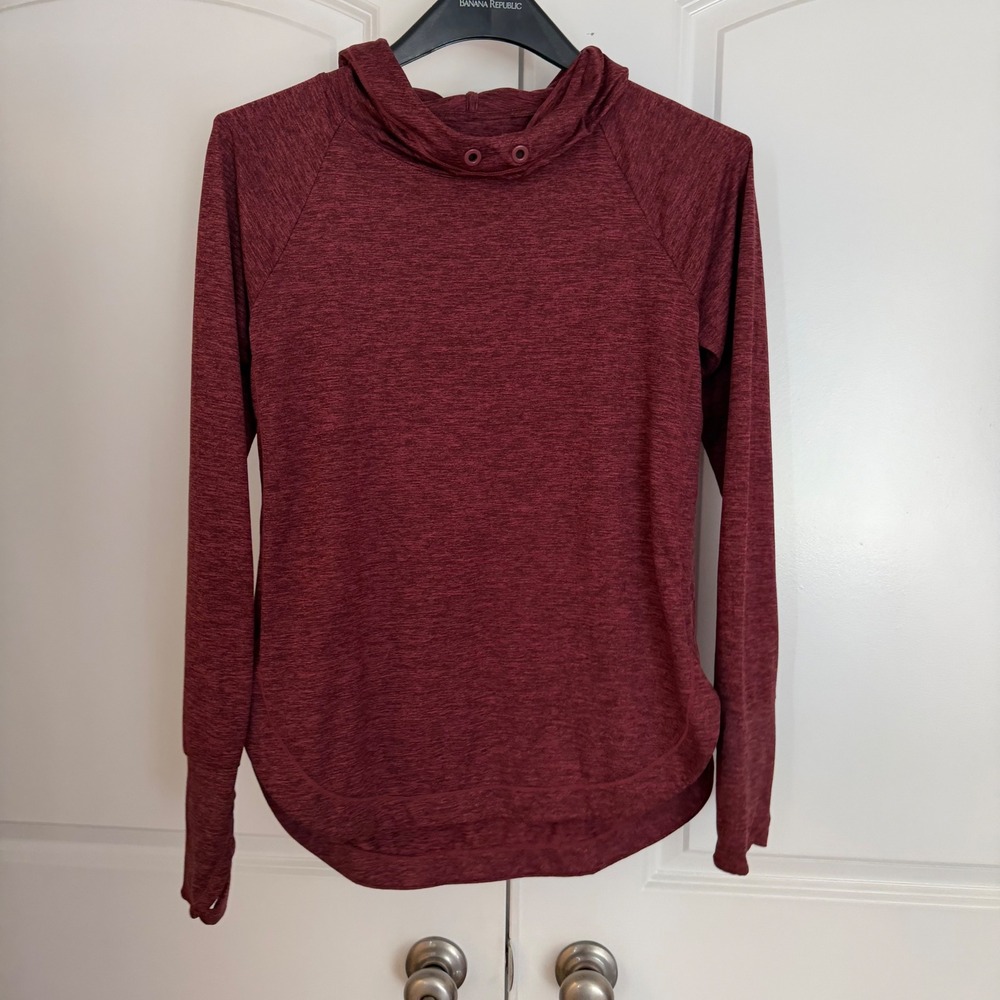 Athleta Womens XS Burgundy Heathered Cowl Neck Hoodie Thumbhole Activewear Top